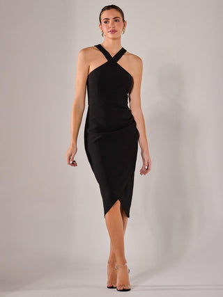 Cross Over Halter Neck Midi Dress, Black