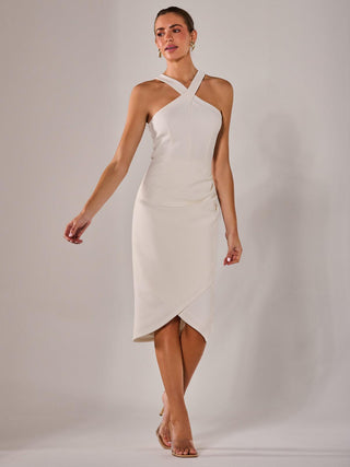 Cross Over Halter Neck Midi Dress, White