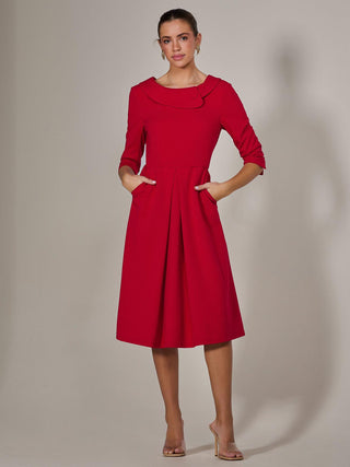 Roll Collar Long Sleeve Midi Dress, Red