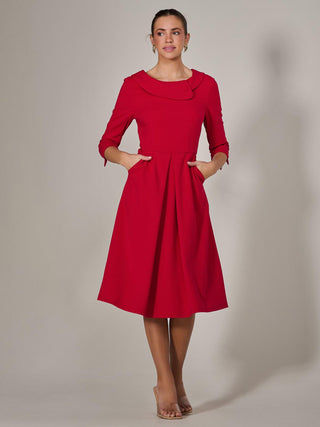 Roll Collar Long Sleeve Midi Dress, Red