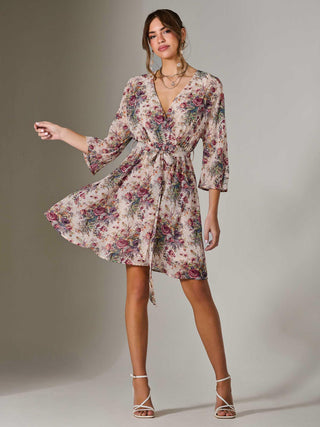 Chiffon 3/4 Sleeve Mini Dress, Abstract Multi