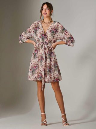 Chiffon 3/4 Sleeve Mini Dress, Abstract Multi