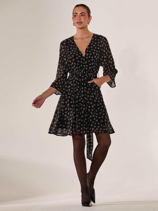 Chiffon 3/4 Sleeve Mini Dress, Black Floral
