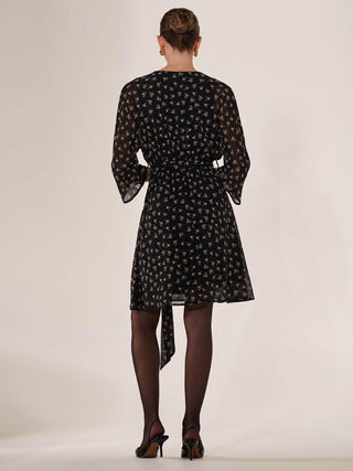 Chiffon 3/4 Sleeve Mini Dress, Black Floral