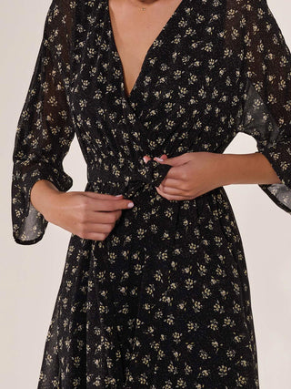 Chiffon 3/4 Sleeve Mini Dress, Black Floral