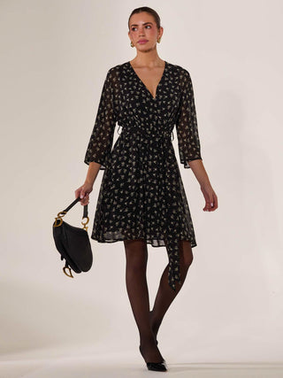 Chiffon 3/4 Sleeve Mini Dress, Black Floral