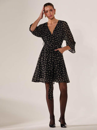 Chiffon 3/4 Sleeve Mini Dress, Black Floral