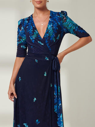 Kinley Print Wrap Mesh Maxi Dress, Navy Leafy