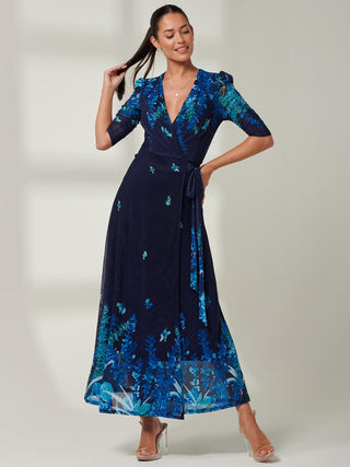 Kinley Print Wrap Mesh Maxi Dress, Navy Leafy