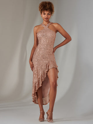 Cross Neck Side Ruffle Sequin Dress, Bronze