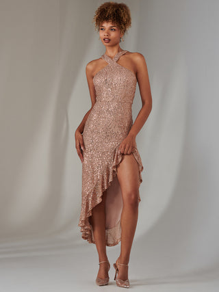 Cross Neck Side Ruffle Sequin Dress, Bronze