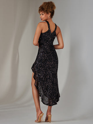 Cross Neck Side Ruffle Sequin Dress, Navy Multi