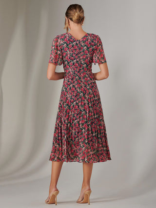 Chiffon Pleated Wrap Midaxi Dress, Pink Floral