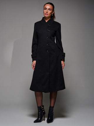 Asymmetric Button Detail Fit & Flare Coat, Black