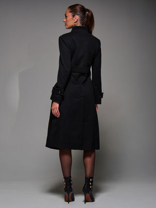 Asymmetric Button Detail Fit & Flare Coat, Black