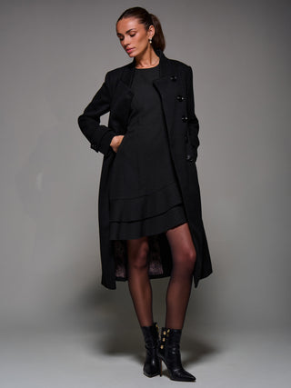 Asymmetric Button Detail Fit & Flare Coat, Black