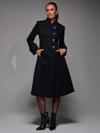 Asymmetric Button Detail Fit & Flare Coat, Black