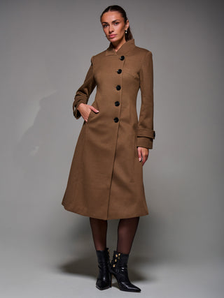 Asymmetric Button Detail Fit & Flare Coat, Brown