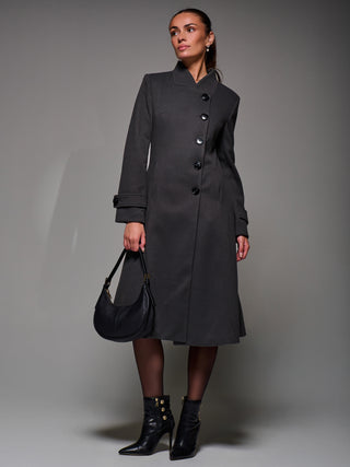 Asymmetric Button Detail Fit & Flare Coat, Dark Grey