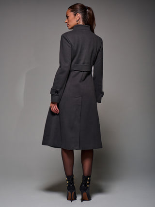 Asymmetric Button Detail Fit & Flare Coat, Dark Grey