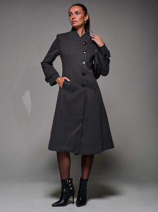 Asymmetric Button Detail Fit & Flare Coat, Dark Grey
