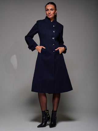 Asymmetric Button Detail Fit & Flare Coat, Navy