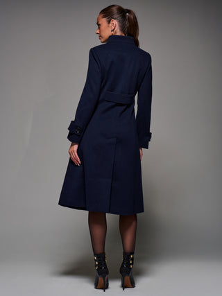 Asymmetric Button Detail Fit & Flare Coat, Navy