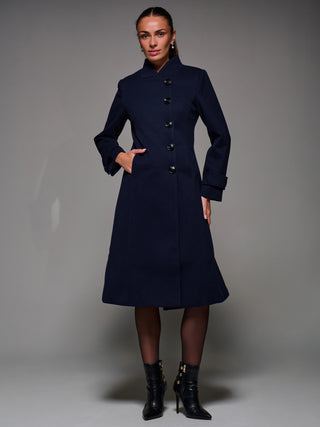Asymmetric Button Detail Fit & Flare Coat, Navy