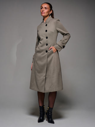 Asymmetric Button Detail Fit & Flare Coat, Stone Green