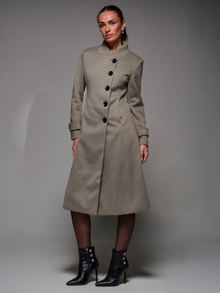 Asymmetric Button Detail Fit & Flare Coat, Stone Green