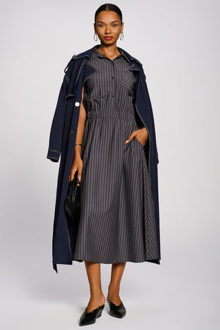 Striped Woven Shirt Midi Dress, Grey