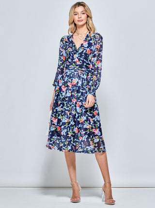 Floral Long Sleeve Mesh Midi Dress, Navy Floral