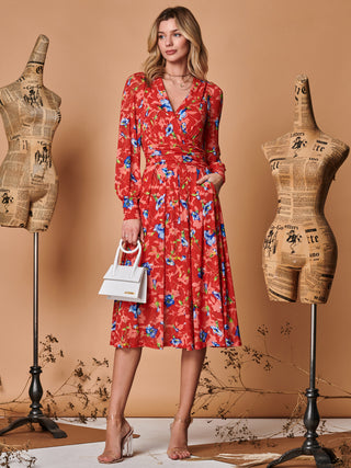 Floral Long Sleeve Mesh Midi Dress, Red Floral