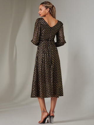 Puff Sleeve Gold Spotty Midaxi Dress, Black
