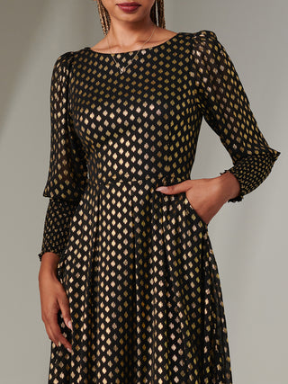 Puff Sleeve Gold Spotty Midaxi Dress, Black