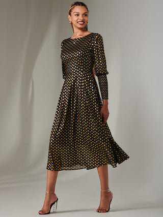 Puff Sleeve Gold Spotty Midaxi Dress, Black