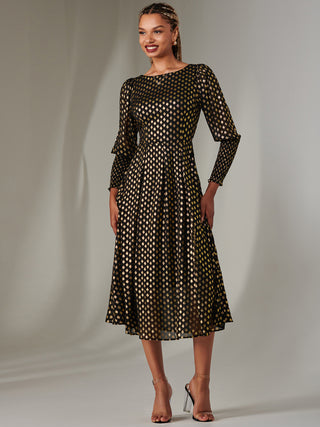 Puff Sleeve Gold Spotty Midaxi Dress, Black