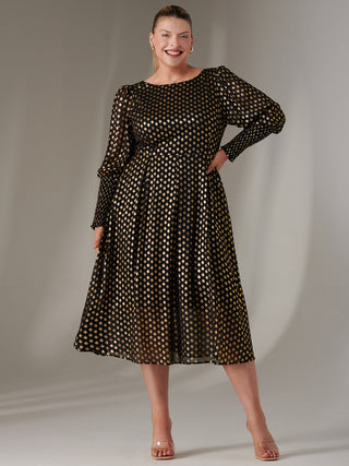 Puff Sleeve Gold Spotty Midaxi Dress, Black