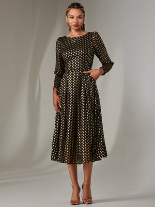 Puff Sleeve Gold Spotty Midaxi Dress, Black
