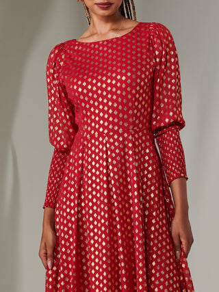 Puff Sleeve Gold Spotty Midaxi Dress, Dark Red