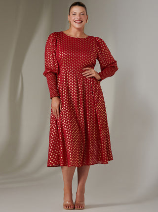 Puff Sleeve Gold Spotty Midaxi Dress, Dark Red