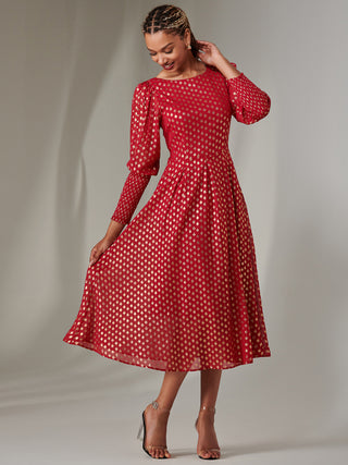 Puff Sleeve Gold Spotty Midaxi Dress, Dark Red