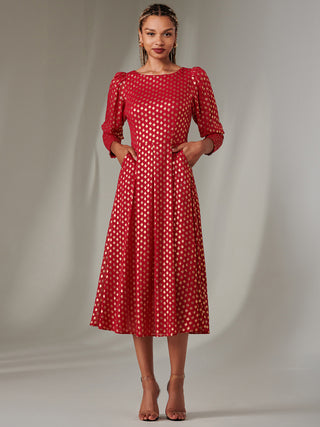 Puff Sleeve Gold Spotty Midaxi Dress, Dark Red