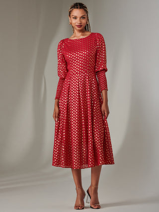 Puff Sleeve Gold Spotty Midaxi Dress, Dark Red
