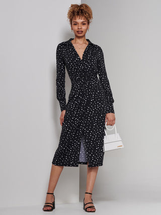 Becca Long Sleeve Jersey Shirt Dress, Black Spot