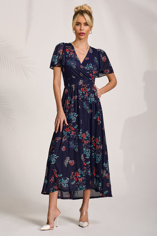 Mesh Angel Sleeve Midaxi Dress, Navy Orange Multi