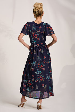 Mesh Angel Sleeve Midaxi Dress, Navy Orange Multi