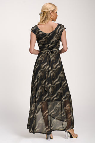 Asymmetric Mesh Maxi Dress, Khaki Abstract