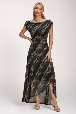Asymmetric Mesh Maxi Dress, Khaki Abstract