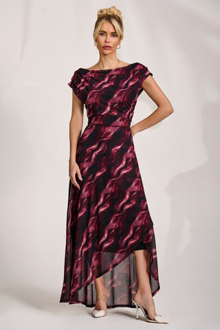 Asymmetric Mesh Maxi Dress, Pink Abstract